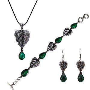 Feather pendant necklace, earring, earring set with green beads 3 pc set New